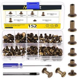 Mardatt 152Pcs 5 Sizes Chicago Screws with Punch and Screwdriver, M5 x 5/6/8/10/12MM Carbon Steel Chicago Rivets M5 Chicago Binding Screws Flat Head Leather Rivets for DIY Leather Repair(Bronze)