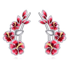 CUPENDA Hibiscus Ear Climbers Earrings Sterling Silver Hibiscus Red Flower Crawler Earrings Hawaii Boho Jewellery for Women