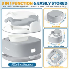 Orzbow 3-in-1 Toddler Potty Training Toilet | Baby Potty Chair, Toilet Topper Training Seat and Step Stool for Boys and Girls, Easy-to-Clean with Splash Guard and Lid, Grey