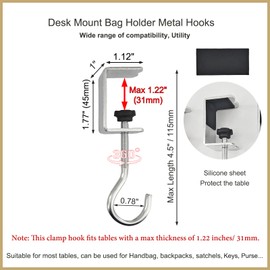 8 Pack Desk Hanging Bag Holder Clamp-On Metal Backpack Hanger with Adhesive Pads Industrial Style, Heavy Duty Hooks for Desk, Portable Adjustable Table Banner Clips, Under Desk Purse Hook (Silver)