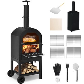 Giantex Pizza Oven Outdoor, Wood Fired Pizza Oven with Pizza Stone, Pizza Peel, Waterproof Cover, Cooking Grids, Pizza Maker with Wheels for Outside Camping Backyard Party (64 Inch)