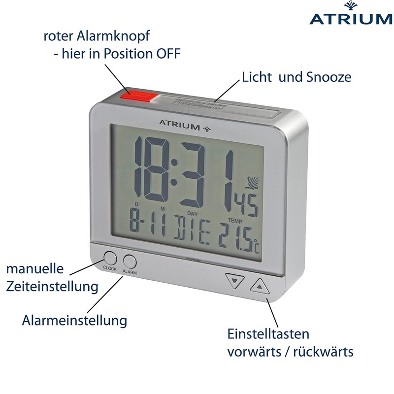 Atrium Funk-Wecker digital Silber sensorgesteuertes Nachtlicht, Obenabsteller, Datum und Temperaturanzeige