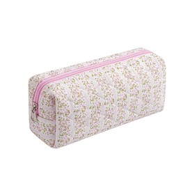 WHHJM Cute Floral Makeup Brush Bag Small Cotton Quilted Cosmetic Bag for Women Travel Toiletry Zipper Make Up Pouch (Pink Floral)