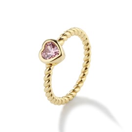 Precious Pieces 14K Gold-Plated Twisted Rope Band Baby Ring with Pink October CZ Birthstone Heart for Toddlers, Kids, Little Girls and Pinky Jewelry for Teens and Women (Size 5)