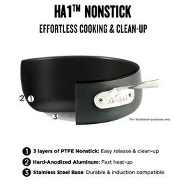 All-Clad HA1 Hard Anodized Nonstick 4 Piece Universal Set, Acacia Trivet and Spoon 3 Quart Induction Pots and Pans, Cookware Black