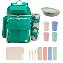 J World Picnic Backpack Cooler for 4. Insulated Picnic Basket Set with Folding Waterproof Blanket. Beach Camping Wedding Engagement Gift for Couples, Green