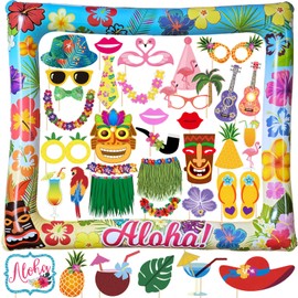 37Pcs Hawaiian Party Inflatable Selfie Photo Frame & Photo booth Props Set for Pictures & Decorations Aloha Luau Party Selfie Props for Summer Tropical Flamingo Tiki Birthday Party Supplies
