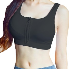 AYNKH Women's Sports Bra High Impact Zip Front Post Surgery Comfy Support Bra, Wireless Crop Top Vest Seamless Padded Cross Back Activewear for Yoga Workout Fitness Gym Sports Running Black