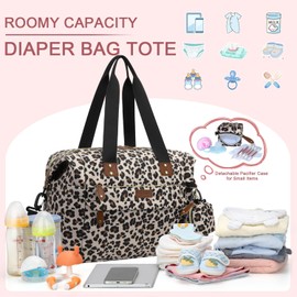 Pritent Diaper Bag Tote - Diaper Baby Bags with Pacifier Case, Shoulder Straps, Stroller Clips, Waterproof Large Mommy Maternity Travel Baby Bag for Mom and Dad, Leopard, Medium