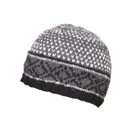 Pachamama Men Wool Beanie Skull Hat Fleece Lined Handknitted Charcoal Fairisle One-Size Handmade Skull Cap Extra Warm Fair Trade