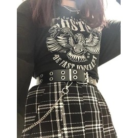 BSJIA Gothic Belt Double Grommet Buckle Leather Belt for Mens Women Jeans Fashion Belt Punk Rock y2k with Chain, O-sky Blue, Fit Waist Size Under 36 Inches