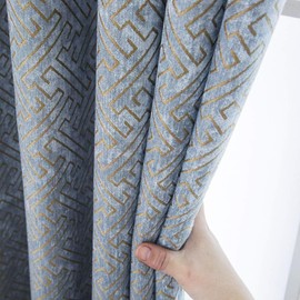 Jacquard Chenille Curtains Semi Blackout Geometric Modern Curtains for Living Room Bedroom 2 Panels Set (2 x 52 x 84 Inch,Blue and Gold)