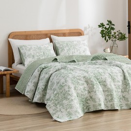 Wonderful Sage Green Floral Quilt Set Queen Size, Reversible Quilt Bedding Set for Queen Bed, Lightweight Bed Cover 3pcs Soft Printed Bedspread and Coverlet for All Season