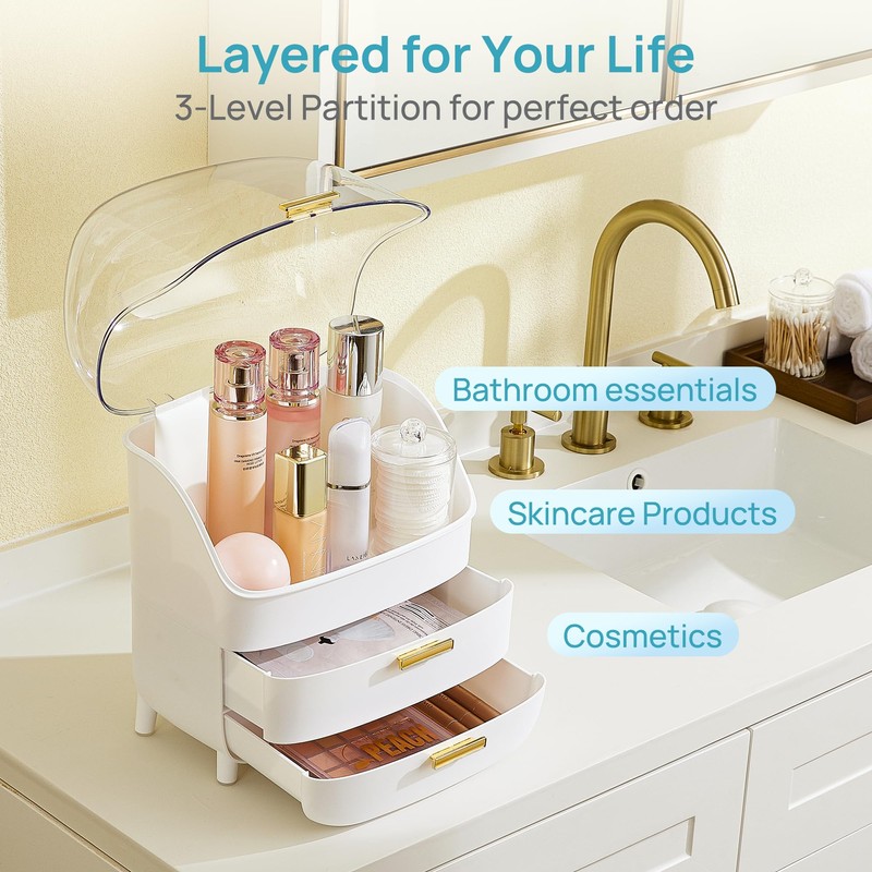 Vtopmart 3-Tier Skincare Makeup Organizer with Drawers and Lid for