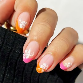 24pcs Pink Press On Nails Short Almond Fake Nails White Flower Design with Cute Hibiscus Flowers Artificial Nails Colorful French Tips Stick on Nails Floral Full Cover Acrylic Nail for Women Manicure