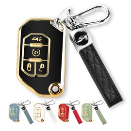 QBUC for Jeep Key Fob Cover with Keychain Flip Key Case for 2022 2021 2020 2019 2018 Jeep Wrangler Gladiator JLU JL Rubicon JT (Black)