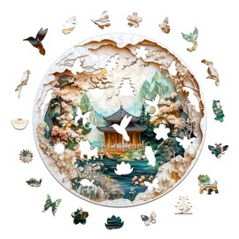 Wooden Puzzle Adults and Children, Chinese Landscape Painting Circular Unique Puzzle, Wooden Puzzle Adults with Wooden Gift Box (M-200 Pieces)