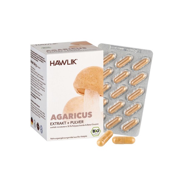 HAWLIK Vital Mushrooms Organic Agaricus Extract + Powder Capsules - 120 Capsules in Bilster - With Vitamin C - Extract & Powder - Natural Cultivation - Vegan