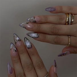 Almond Press on Nails RTKHFZE French Tip Fake Nails Medium False Nails with Gold Designs Artificial Nails Purple Glitter Glue on Nails Cute Summer Stick on Nails for Women 24Pcs