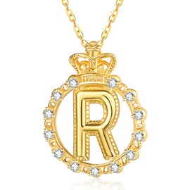 KINGWHYTE Initial Letter Necklaces for Women Gold Plated Initial Pendant Necklace Capital R Letter Crown Necklace Jewellery with 18"+2" Chain