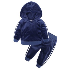 Baby Girls Boys Hoodies Clothes Sets 2PCS Velvet Long-sleeve Hooded Sweater + Pants Navy 12-18 Months
