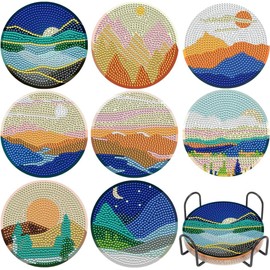 8 Pcs Diamond Painting Coasters with Holder,Abstract Landscape Diamond Art Coasters 5D DIY Art Coasters Kits Round Full Drill Diamond Art Craft Supplies for Adults Kids,Beginners