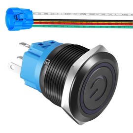 Gebildet 22 mm Stainless Steel Push Button Switch, 110V-220V/5A, Power Symbol, LED, 1NO 1NC, SPDT, ON/Off, Waterproof Toggle Switch with Cable Socket (Blue LED/Black Housing)