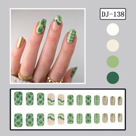 St. Patrick's Day Press on Nails Short Square Shaped Glossy Full Cover Acrylic Short Square False Nails with Clover Designs Artificial Square Fake Nails Glue ons Fingernails for Women Girls(DJ138)