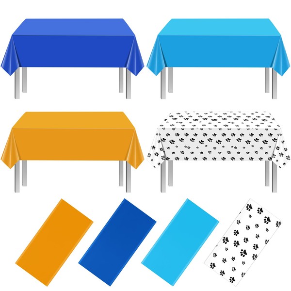 MASHAN 4 Pack Paw Print Plastic Tablecloths,Blue Orange Puppy Table