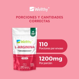 Wellthy L-Arginina 220 Caps 1200mg. 100% Puro, 100% Natural, 110 Porciones por Envase, Alta Pureza con Certificaciones Internacionales, Bottle Free