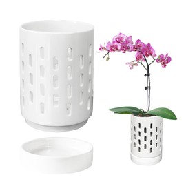 pavtner Orchid Pots with Holes,4 Inch Ceramic Orchid Pot for Repotting, Plant Pot for Repotting Orchids and Other Flowers - Indoor/Outdoor White
