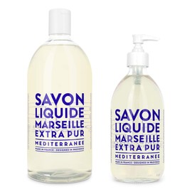 Compagnie de Provence Savon de Marseille Extra Pure Liquid Soap - Mediterranean Sea - 16.9 Fl Oz Glass Pump Bottle and 33.8 fl oz Plastic Bottle Refill