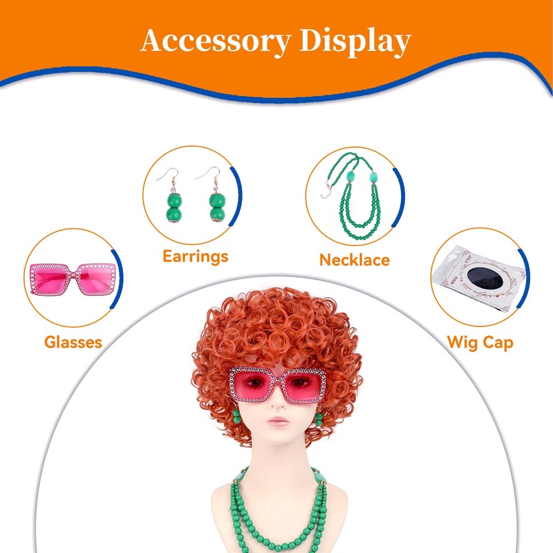 Women Roper Curly Orange Red Cosplay Halloween Wig with Jewelry