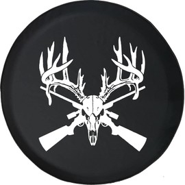 Funny Spare Tire Wheel Cover for Camper SUV Trailer Truck RV JP Thick PVC Leather | Deer Skull Hunting Rifles Black 29 Inch