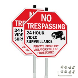 GicnKeuz Large Video Surveillance Sign, No Trespassing Signs Private Property Sign with 36" Metal Stakes, 12"x12" Aluminum Signs,Fade Resistant/Waterproof, Including Screws, Easy to Install, Outdoor