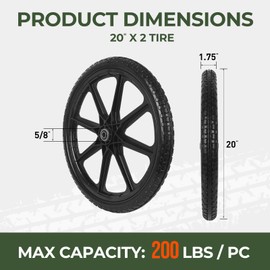 HAKULA MATATA 2 Pc 20" Flat Free Tires PU Non-inflated Tire Wheels, 20x2 Inch Tire with Bearing, Hub for Wheelbarrow, Carts, Garden Trailers
