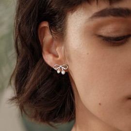 Pearl Earrings for Women Gold/Silver Bow Pearls Earrings Crystal Bows Earring Trendy Stuff Cute Drop Dangle Earring 14K Gold Bowknot Stud Wedding Party Daily Jewelry Accessory Gifts (Bow Pearl Silver 7)