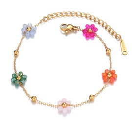 IMINI Daisy Flower Bracelet for Women Girls 18K Gold-Plated Stainless Steel Colourful Flowers Link Chain Bracelets Boho Beach Summer Jewellery, Stainless Steel