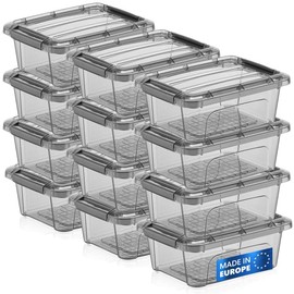 Tribello 12 Pack 1.25 Quart, Small Storage Container Bin With Lids, Mini Plastic Storage Container With Latching Lids For Organizing - Tinted - (8’ x 6” x 3”) - Made in EU