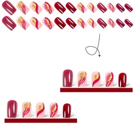 Pikabows Press On Nails Long Coffin Purple Burgundy Marble Fake Nails Acrylic False Nail Tips Kit Glue on Nails for Women