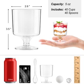 5 oz Mini Dessert Cups with Spoons, 40 Pack Small Dessert Cups Plastic Footed Wine Glasses for Serving Trifles, Appetizers, Puddings, Mousse, Parfait