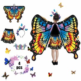 Andiwa Andiwa 4 Stück Schmetterling Kostüm Kinder,Schmetterlingsflügel Mädchen Schmetterling Flügel Umhang Mit Schmetterlingsflügel,Tutu Rock,Haarreif,Gesichtsbedeckungen,Für Karneval Fasching Cosplay