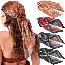 AWAYTR 35" Large Silk Hair Scarf for Women - 4Pcs Satin Head Scarf Square Hair Bandanas Floral Wild Rag Sleeping Head Wraps (Paisley(Red/Black/Coffee/Navy))