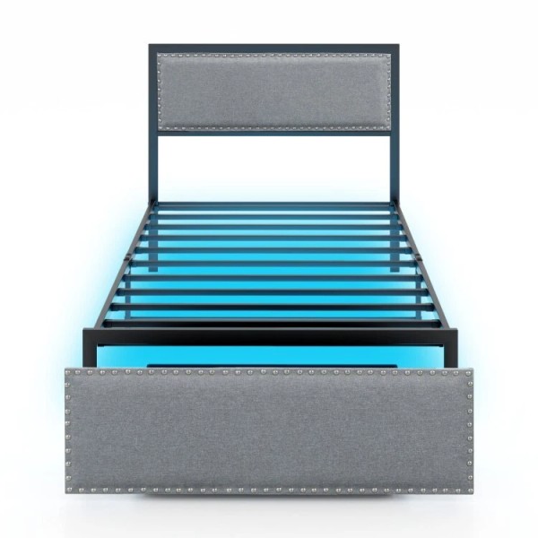 COSTWAY Twin Size Platform Bed Frame Headboard Upholstered w/Rolling Drawer