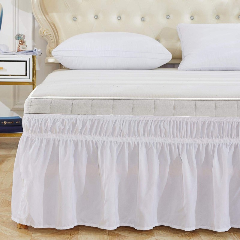 White Elastic Bed Skirt Ruffle, Polyester Easy Fit Spread Cover