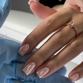 Pastel Pink Press On Nails Short - KQueenest Chrome Press On Nails Square, Sparkle Gel Fake Nails Press on Mirror Shine, Natural Glitter Glue on Nails Short Coffin, Glazed Stick On Nails for Women