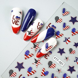 4th of July Nail Stickers 1Pcs Patriotic Designs Nail Art Stickers 5D Embossed American Flag Nail Decals Self Adhesive Star Heart Nail Art Accessories Independence Day Manicure Decorations for Women