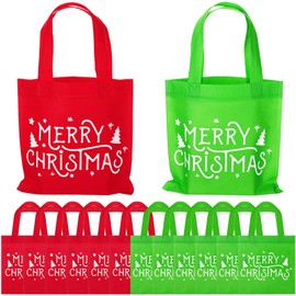 Kolldenn Merry Christmas Goodie Treat Gift Bags with Handles Bulk Non Woven Reusable Red Green Storage Bag for Christmas Party Present Wrapping