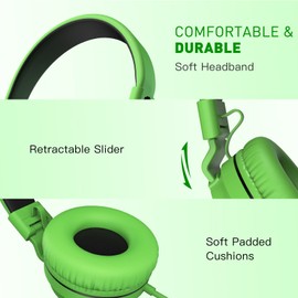 Rockpapa Kids Headphones, 952 Childrens Headphones, Wired Headphones with Microphone, Foldable, Stereo Sound, 3.5mm Jack On-Ear Headphones for School/Travel/Phone/Kindle/PC/MP3 (Green)