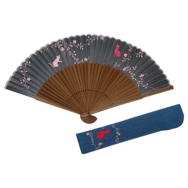 Hasegawa Hand Printed Fan, Cat Pattern, Comes with a Bag
